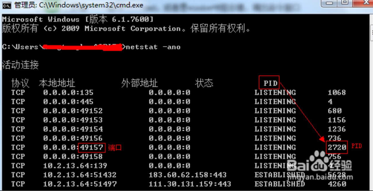 查看被占用端口對應(yīng)的PID